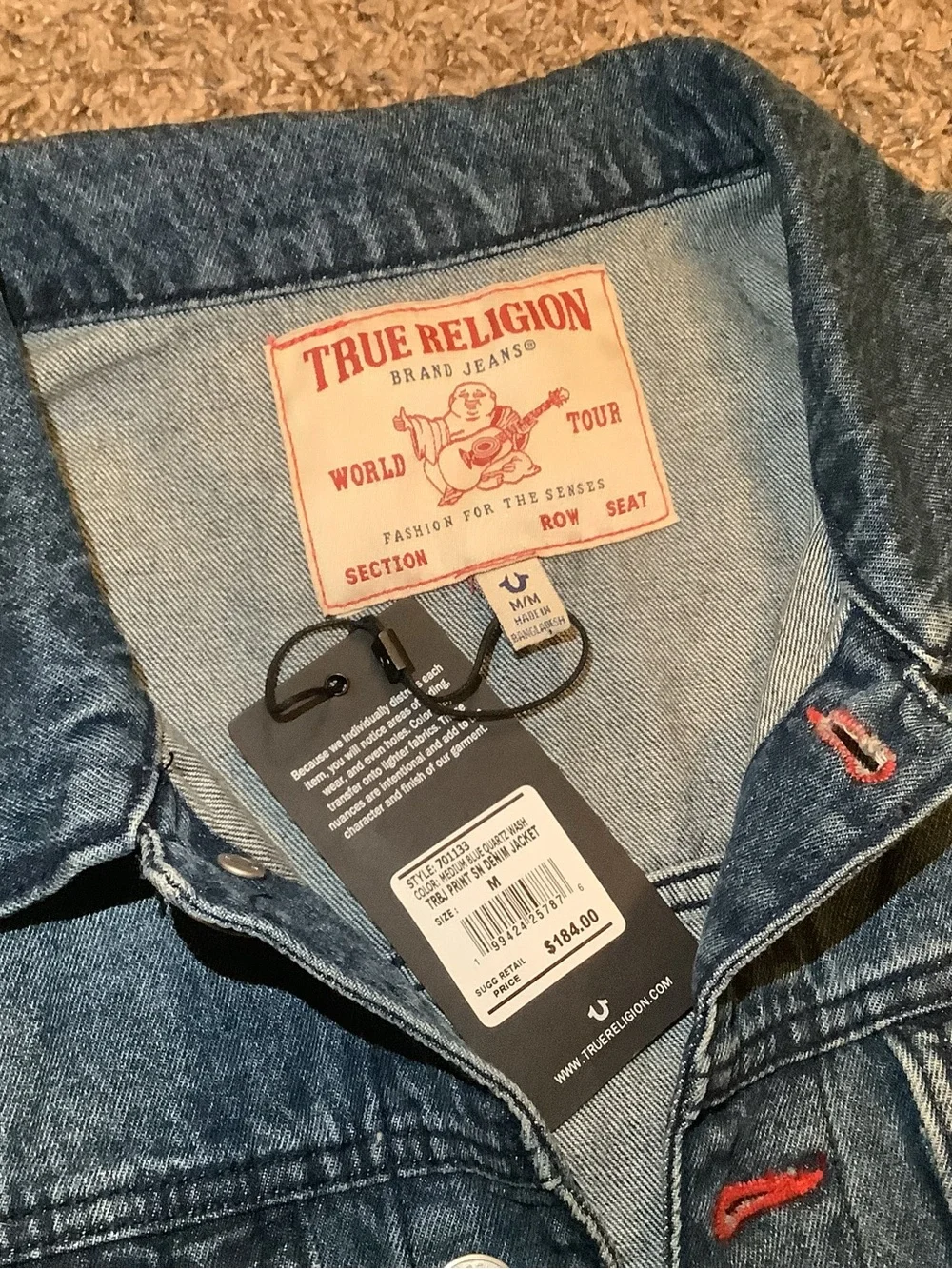 True Religion Logo Print Denim Jacket, color medium blue quartz wash, size: M